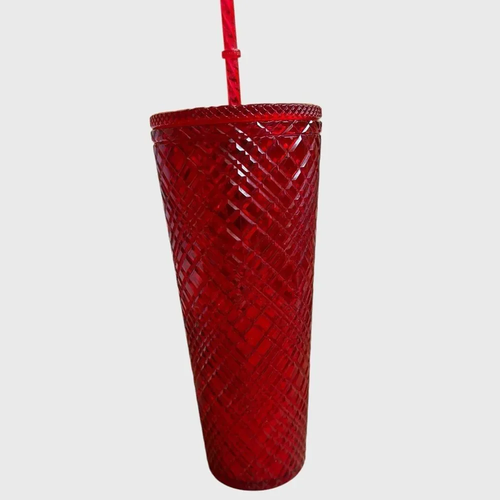Starbucks 2021 Red Jeweled Holiday Tumbler Grid Textured Lid Straw Venti 24oz